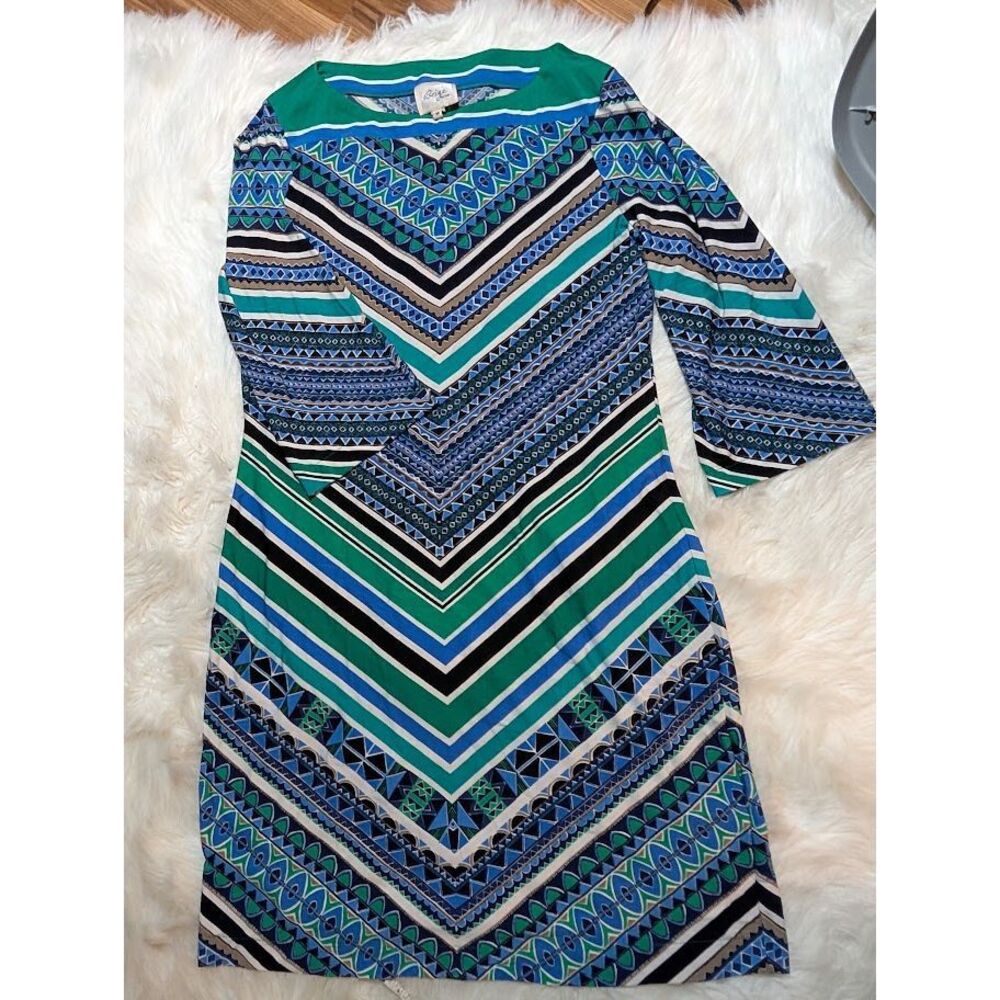 Vintage sz 10 Geometric Print Shift‎ Dress Blue Green 3/4 Sleeve Casual/Dressy